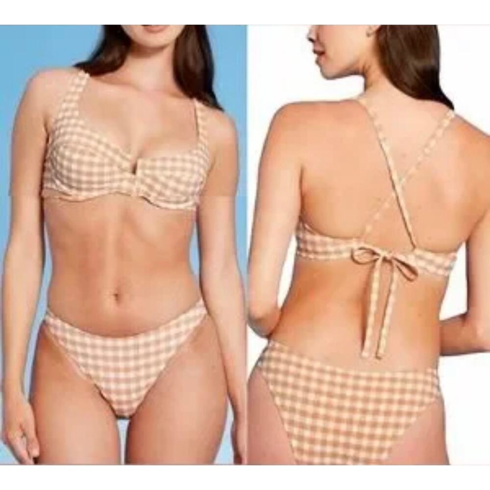 Shade & Shore Pucker Textured Tan and White Womens Summer Bikini Top Size 36 C